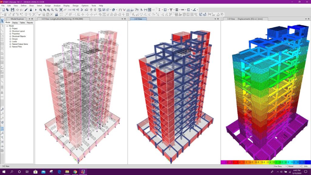 ETABS Software interface showing structural design and analysis tools