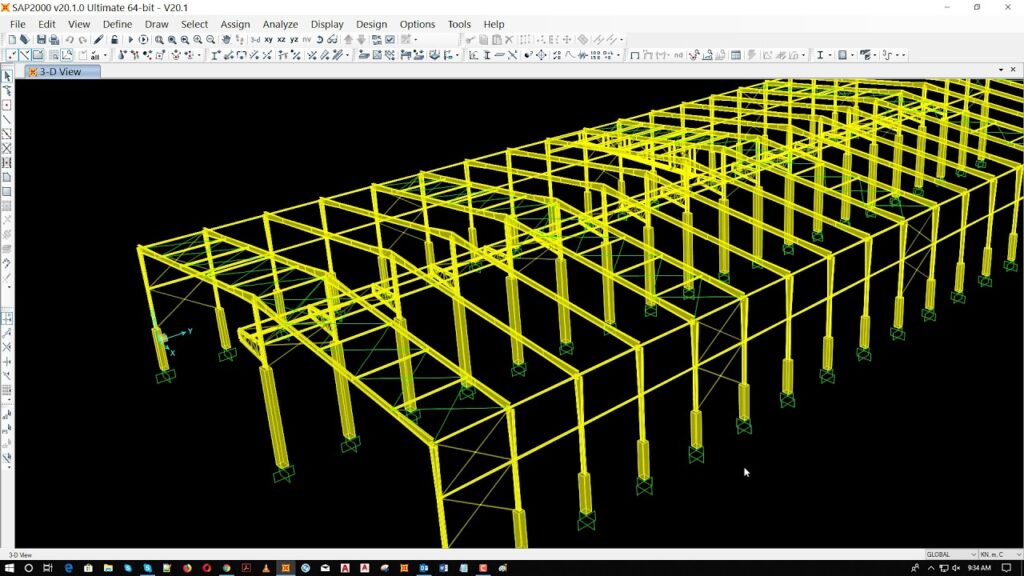 Interface of SAP2000 Structural Analysis Software showing 3D modeling and design analysis