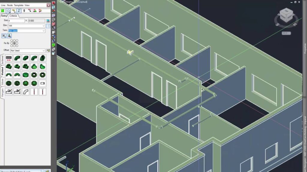 Interface of AutoCAD MEP / Fabrication ESTmep software showing MEP system design, fabrication models, and material takeoffs.