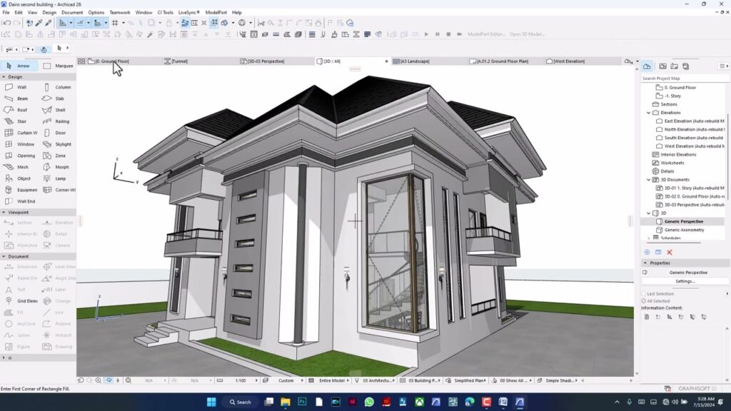 ArchiCAD software showcasing 3D architectural design, floor plans, and real-time collaboration for precise building projects.